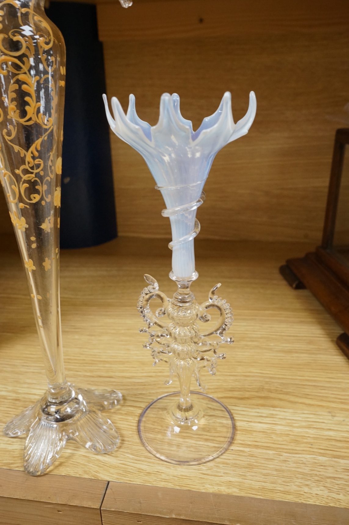 A Venetian opaline glass vase with decorative stem and a similar larger example, 36cm high